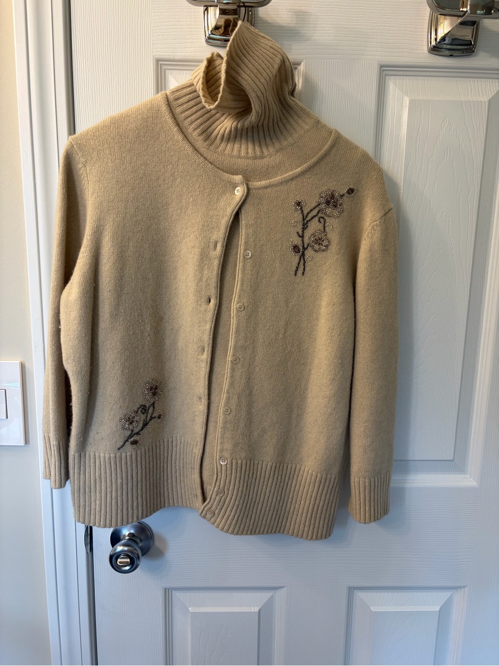 LOFT Beige Turtleneck Button-Front Cardigan with Floral Embroidery